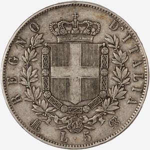 Regno d'Italia, VITTORIO EMANUELE II, 1861-1878 : 5 Lire  - Asta Numismatica - Associazione Nazionale - Case d'Asta italiane