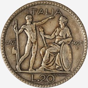 Regno d'Italia, VITTORIO EMANUELE III, 1900-1946 : 20 Lire Littore Anno VI  - Asta Numismatica - Associazione Nazionale - Case d'Asta italiane