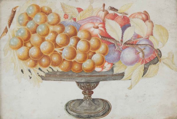 Garzoni Giovanna : Alzatina con uva, prugne e corbezzoli  - Asta Dipinti Antichi - Associazione Nazionale - Case d'Asta italiane