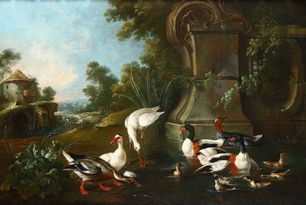 Oudry Jaques Charles : Paesaggio con uccelli lacustri  - Asta Dipinti Antichi - Associazione Nazionale - Case d'Asta italiane