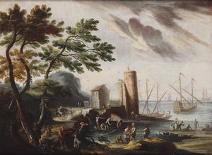 Pedon Bartolomeo : Paesaggio con porto e imbarcazioni  - Asta Dipinti Antichi - Associazione Nazionale - Case d'Asta italiane