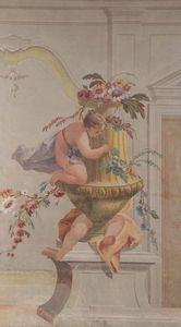 Fontebasso Francesco - Gioco di putti intorno a vaso con fiori su sfondo di architetture