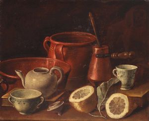 Magini Carlo - Natura morta con ceramiche, rami e limoni