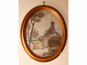 Scuola russa - Paesagglio fluviale con veduta di torre 1946