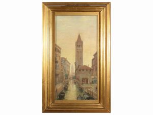 Scuola russa - Scorcio di paesaggio fluviale con ponte 1929