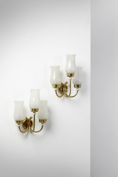 POLI FLAVIO (1900 - 1984) : attribuito. Coppia di lampade da parete a tre luci per Seguso, Murano  - Asta Asta 443 | DESIGN E ARTI DECORATIVE DEL NOVECENTO Online - Associazione Nazionale - Case d'Asta italiane