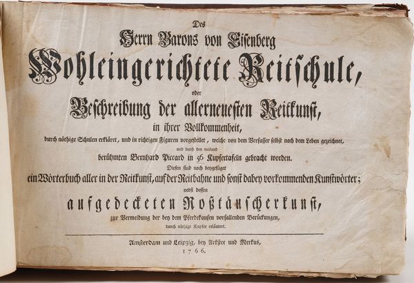 Volume FW Eisenberg, Wohleingerichtete Reitschule Betfchreibung der allerneueften reittunft...Amsterdam und leipzip, ben artftee und merltus 1766  - Asta Libri antichi e rari, Stampe, Vedute e Mappe - Associazione Nazionale - Case d'Asta italiane
