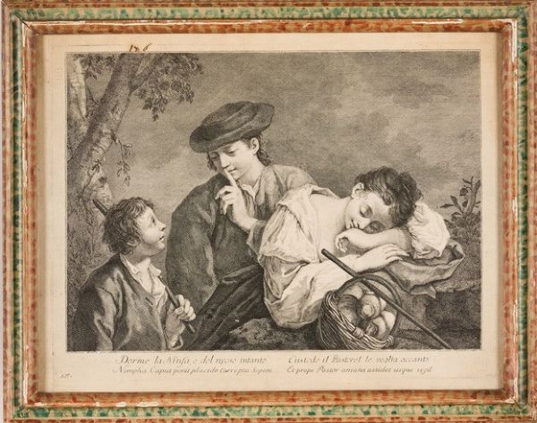 Alessandri Innocente- Domenico Maggiotto. Scena pastorale con ninfa dormiente- scena musicale con tamburello, Venezia secolo XVIII.  - Asta Libri antichi e rari, Stampe, Vedute e Mappe - Associazione Nazionale - Case d'Asta italiane
