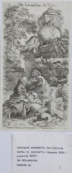 Giovan Benedetto Castiglione detto il Grechetto La Melancholia, Roma,Gio Domenico Rossi, fine sec. XVII- inizi sec. XVIII  - Asta Libri antichi e rari, Stampe, Vedute e Mappe - Associazione Nazionale - Case d'Asta italiane