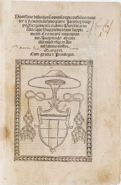 Foresti Jacobus Philippus Novissime historiaru omnium repercussiones : noviter a Reverendissimo patre Jacobo Philippo Bergomense... Venetiis impressum Opere & impresa Georgii de Rusconibus 1506  - Asta Libri antichi e rari, Stampe, Vedute e Mappe - Associazione Nazionale - Case d'Asta italiane