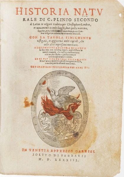 Plinio Gaio Secondo Historia Naturale...di latino in volgare tradotta per Cristoforo Landino...in Venezia, presso Gabriel Giolito Di Ferari, 1543.  - Asta Libri antichi e rari, Stampe, Vedute e Mappe - Associazione Nazionale - Case d'Asta italiane