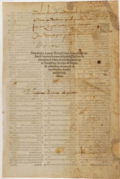 Incunabolo figurato - Boccaccio Giovanni Genealogiae Ioannis Boccatii:cum demonstrationibus in formis arborum designatis.eiusdem de montibus & sylvis. De fontibus: Iacubus & fluminibus...Venezia, Ottaviano Scoto, 1493  - Asta Libri antichi e rari, Stampe, Vedute e Mappe - Associazione Nazionale - Case d'Asta italiane