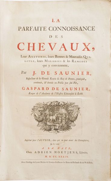 Saunier, Jean de, and Gaspard de Saunier. La parfaite connoissance des chevaux, leur anatomie, leurs bonnes & mauvaises qualitez, leurs maladies & les remedes qui y conviennent... a la Haye Chez Adrien Moetjens 1734.  - Asta Libri antichi e rari, Stampe, Vedute e Mappe - Associazione Nazionale - Case d'Asta italiane