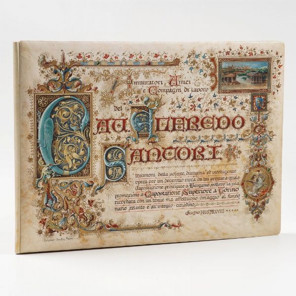 Rilegatura Bergamo-Torino album ricordo Ammiratori, amici e compagni di lavoro del Cavalier Alfredo Santori... Capostazione principale a Bergamo (in occasione della sua promozione) a capostazione superiore a Torino, giugno 1918  - Asta Libri antichi e rari, Stampe, Vedute e Mappe - Associazione Nazionale - Case d'Asta italiane