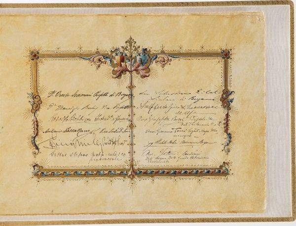 Rilegatura Bergamo-Torino album ricordo Ammiratori, amici e compagni di lavoro del Cavalier Alfredo Santori... Capostazione principale a Bergamo (in occasione della sua promozione) a capostazione superiore a Torino, giugno 1918  - Asta Libri antichi e rari, Stampe, Vedute e Mappe - Associazione Nazionale - Case d'Asta italiane