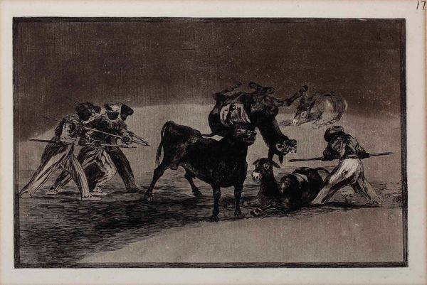 Francisco Goya : Goya Francisco  (Fuendetodos, 1746 – Bordeaux, 1828) Palenque de los moros hecho con burros para defenderse del toro embolado  - Asta Libri antichi e rari, Stampe, Vedute e Mappe - Associazione Nazionale - Case d'Asta italiane