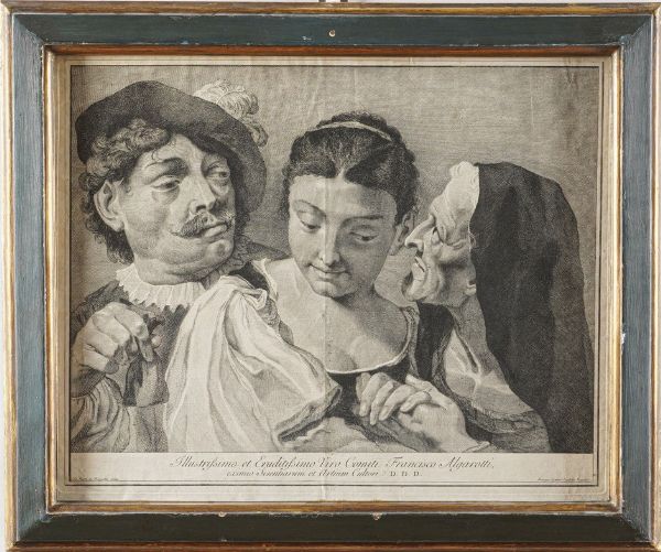 Giovanni Cattini- Giovanni Battista Piazzetta. Illustrissimo et eruditissimo viro comiti Francisco Algarotti, eximio scentiarum et artium cultori- excellentissimo viro comiti Valmarana, Pv.M Triffonis, bonarium artum protectiori in venerationis argumentum. (figura di fanciulla circondata da nobiluomo e vecchia); (figura maschile con fucile e due figure femminili con uccellino in gabbia).  - Asta Libri antichi e rari, Stampe, Vedute e Mappe - Associazione Nazionale - Case d'Asta italiane