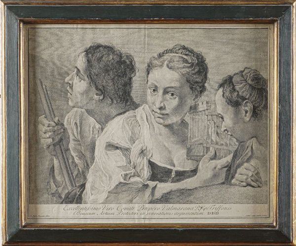 Giovanni Cattini- Giovanni Battista Piazzetta. Illustrissimo et eruditissimo viro comiti Francisco Algarotti, eximio scentiarum et artium cultori- excellentissimo viro comiti Valmarana, Pv.M Triffonis, bonarium artum protectiori in venerationis argumentum. (figura di fanciulla circondata da nobiluomo e vecchia); (figura maschile con fucile e due figure femminili con uccellino in gabbia).  - Asta Libri antichi e rari, Stampe, Vedute e Mappe - Associazione Nazionale - Case d'Asta italiane