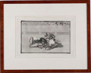 Francisco José de Goya y Lucientes - Acquaforte, acquatinta brunita e puntasecca originale; Harris 229 I/VII; mm 245 x 355 Caida de un picador de su caballo debajo el toro, 1816.