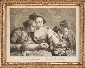 Alessandri Innocente- Domenico Maggiotto. Donna con canestro di frutta-donna con due cacciatori, Venezia secolo XVIII  - Asta Libri antichi e rari, Stampe, Vedute e Mappe - Associazione Nazionale - Case d'Asta italiane