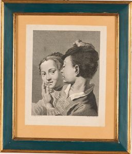 Cavalli Nicola- Giovanbattista Piazzatta. Ragazzo che accarezza la guancia di una fanciulla-lezioni di musica con flauto, Venezia secolo XVIII.  - Asta Libri antichi e rari, Stampe, Vedute e Mappe - Associazione Nazionale - Case d'Asta italiane