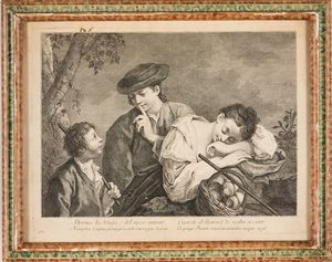 Alessandri Innocente- Domenico Maggiotto. Scena pastorale con ninfa dormiente- scena musicale con tamburello, Venezia secolo XVIII.  - Asta Libri antichi e rari, Stampe, Vedute e Mappe - Associazione Nazionale - Case d'Asta italiane
