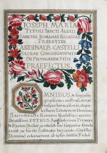 Roma- Manocritto pergamenaceo secolo XVIII Laurea in teologia o diploma di nomina... Roma (papa Clemente XIV), 1769 (Joseph Maria tituli sancti alexii sanctae romanae ecclesiae presbyter cardinalis Castelli sacrae congregationis de propaganda fide praefectus).  - Asta Libri antichi e rari, Stampe, Vedute e Mappe - Associazione Nazionale - Case d'Asta italiane