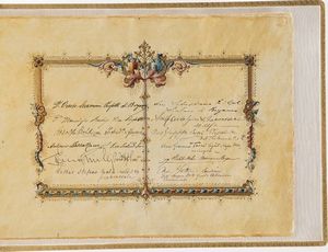 Rilegatura Bergamo-Torino album ricordo Ammiratori, amici e compagni di lavoro del Cavalier Alfredo Santori... Capostazione principale a Bergamo (in occasione della sua promozione) a capostazione superiore a Torino, giugno 1918  - Asta Libri antichi e rari, Stampe, Vedute e Mappe - Associazione Nazionale - Case d'Asta italiane