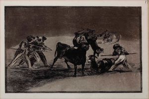 Francisco Goya - Goya Francisco  (Fuendetodos, 1746  Bordeaux, 1828) Palenque de los moros hecho con burros para defenderse del toro embolado