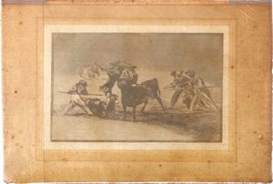 Francisco Goya : Goya Francisco  (Fuendetodos, 1746 – Bordeaux, 1828) Palenque de los moros hecho con burros para defenderse del toro embolado  - Asta Libri antichi e rari, Stampe, Vedute e Mappe - Associazione Nazionale - Case d'Asta italiane