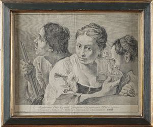 Giovanni Cattini- Giovanni Battista Piazzetta. Illustrissimo et eruditissimo viro comiti Francisco Algarotti, eximio scentiarum et artium cultori- excellentissimo viro comiti Valmarana, Pv.M Triffonis, bonarium artum protectiori in venerationis argumentum. (figura di fanciulla circondata da nobiluomo e vecchia); (figura maschile con fucile e due figure femminili con uccellino in gabbia).  - Asta Libri antichi e rari, Stampe, Vedute e Mappe - Associazione Nazionale - Case d'Asta italiane