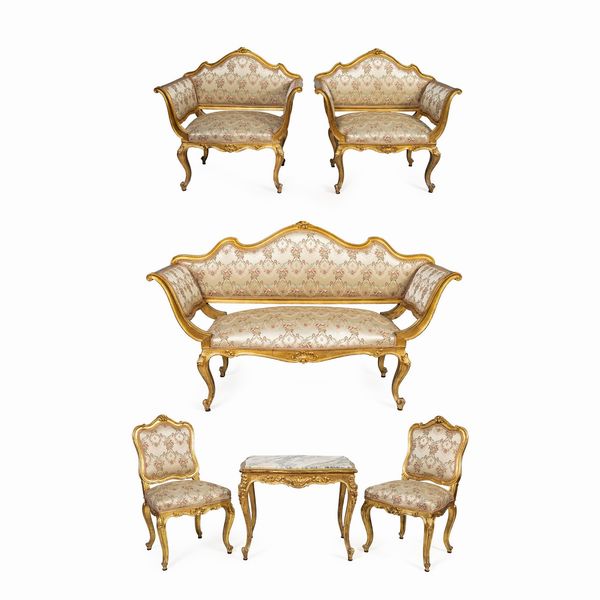 Salotto in legno dorato e tessuto imbottito  - Asta Arredi Sculture Oggetti D'Arte I Web Only - Associazione Nazionale - Case d'Asta italiane