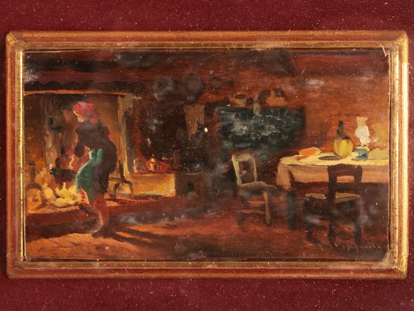 Cafiero Filippelli : Veduta d'interno con contadina  - Asta Arte Moderna e Contemporanea - Associazione Nazionale - Case d'Asta italiane