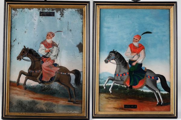 Coppia di dipinti su vetro raffiguranti personaggi a cavallo, India, XIX secolo  - Asta Arte orientale  - Associazione Nazionale - Case d'Asta italiane