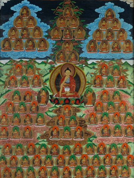 Thangka su seta con figura di Lama centrale e altre divinit�, Tibet, XIX secolo  - Asta Arte orientale  - Associazione Nazionale - Case d'Asta italiane