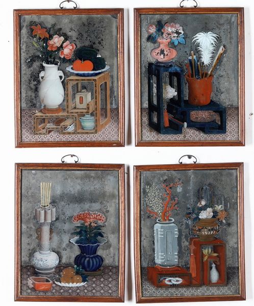 Quattro dipinti su specchio raffigurante soggetti naturalistici, Cina, Dinastia Qing, XIX secolo  - Asta Arte orientale  - Associazione Nazionale - Case d'Asta italiane