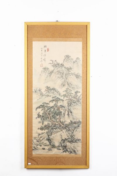 Dipinto su carta raffigurante paesaggio con iscrizione, Cina, Dinastia Qing, XIX secolo  - Asta Arte orientale  - Associazione Nazionale - Case d'Asta italiane