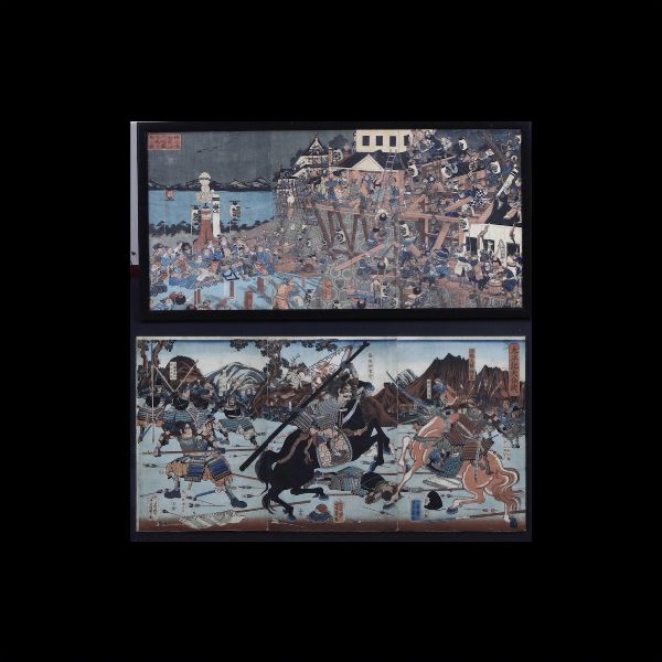 Due xilografie su carta raffiguranti scene di battaglia con cavalieri, Giappone, periodo Meiji (1868-1912)  - Asta Arte orientale  - Associazione Nazionale - Case d'Asta italiane