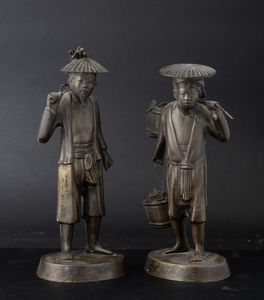 Due figure di contadini in bronzo, Cina, XX secolo  - Asta Arte orientale  - Associazione Nazionale - Case d'Asta italiane