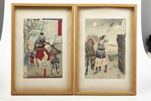 Due Xilografie raffiguranti cavalieri, Giappone, periodo Meiji (1868-1912)  - Asta Arte orientale  - Associazione Nazionale - Case d'Asta italiane