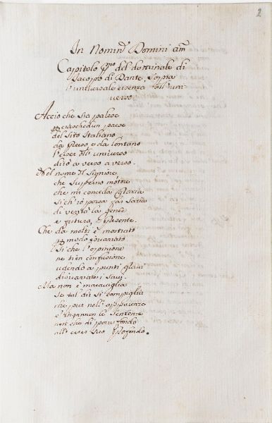 Jacopo di Dante - manoscritto cartaceo Sopra l'universale essenza dell'universo... secolo 16-17  - Asta Libri Antichi - Associazione Nazionale - Case d'Asta italiane