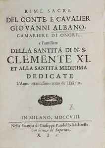 Giovanni  Albano - Giovanni Albano Rime Sacre, in Milano, nella Stampa si Giuseppe Gandolfo Malatesta, 1708.
