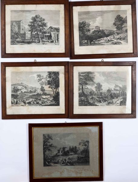 Joseph Wagner, Berardi F, G. Volpato, da soggetti da Marco Rizzi Cinque stampe calcografiche,  Venezia Secolo XVIII  - Asta Stampe, Vedute e Carte Geografiche - Associazione Nazionale - Case d'Asta italiane