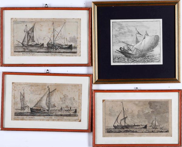 Tre acqueforti di soggetto navale e marinaresco Een Waterfchip voor dSoutketen Een Brouwers Water  Schuyt-Een Sammoreus-Een Vriefche Kaegh Een Gelderse Kaegh. Si aggiunge: Galeotta del Gran Signore de Turchi G. Filesi S.  - Asta Stampe, Vedute e Carte Geografiche - Associazione Nazionale - Case d'Asta italiane