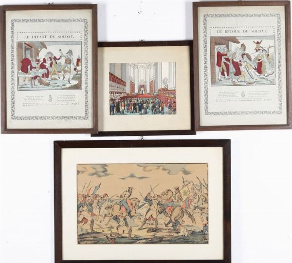Francia, soggetti militari 4 Stampe Francesi con soggetti militari: partenza del soldato, ritorno del soldato, scena di battaglia, cerimonia... Francia, secolo XIX.  - Asta Stampe, Vedute e Carte Geografiche - Associazione Nazionale - Case d'Asta italiane
