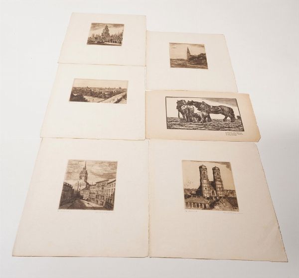 Monaco - Vedute Sette incisioni all'acquaforte titolate e firmate a matita. Monaco, secolo XX.  - Asta Stampe, Vedute e Carte Geografiche - Associazione Nazionale - Case d'Asta italiane