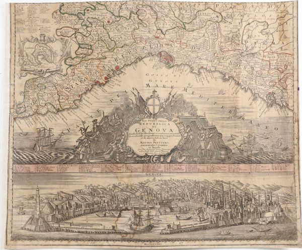 Carta topografica e veduta di Genova, 1730  - Asta Stampe, Vedute e Carte Geografiche - Associazione Nazionale - Case d'Asta italiane