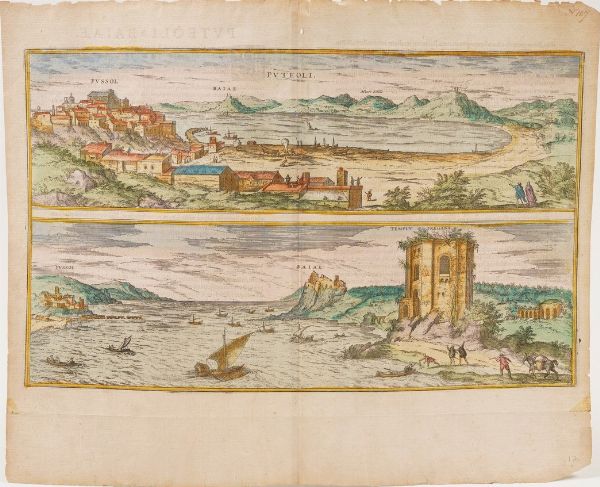 Braun Hogenberg (1541-1622) Veduta di Pozzuoli e di Baia... Fine secolo XVI inizio secolo XVII.  - Asta Stampe, Vedute e Carte Geografiche - Associazione Nazionale - Case d'Asta italiane
