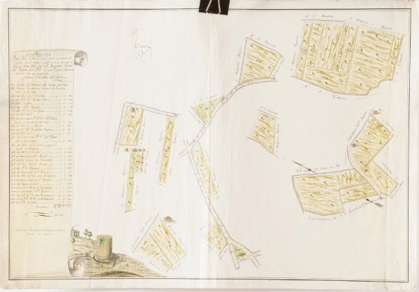 Due mappe tratte da cabrei diversi Mappa manoscritta e acquerellata di porzione di terreno agricolo datata 1688- altra mappa di possedimenti agricoli, compilata dal perito agrimensore e datata 24 maggio 1772  - Asta Stampe, Vedute e Carte Geografiche - Associazione Nazionale - Case d'Asta italiane