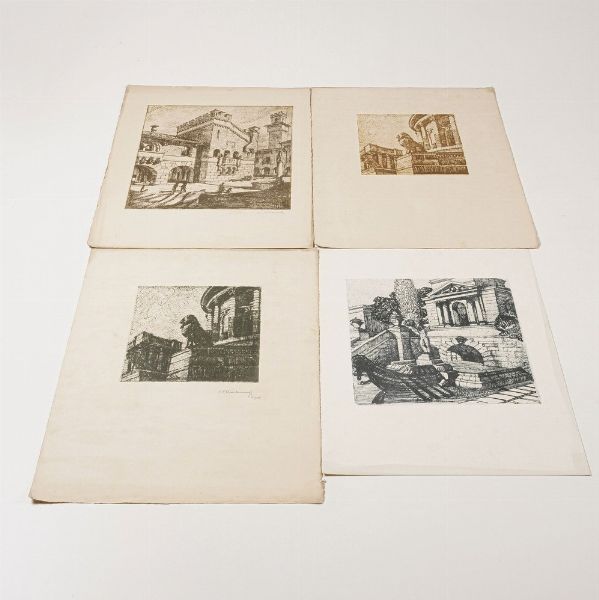 Martinenghi Giuseppe Roberto (Londra, 27 dicembre 1894  Milano, 13 ottobre 1970) Settantadue stampe multiple in xilografia stampate a colori differenti raffiguranti scorci di citt storiche veri e d'invenzione, Anni trenta del secolo XX.  - Asta Stampe, Vedute e Carte Geografiche - Associazione Nazionale - Case d'Asta italiane